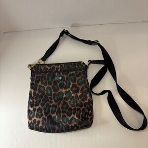 COACH Ocelot Blue Nylon North South Crossbody Bag Blue/Brown Animal Print